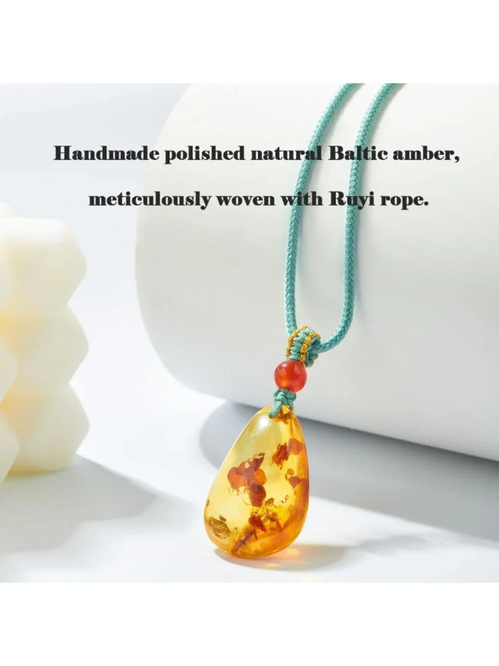 Cognac Baltic Amber Teardrop Pendant Necklace, Polished Stone, Gift Box Included